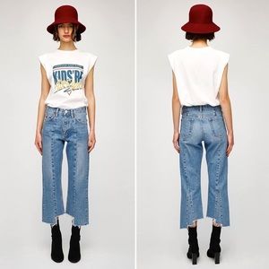 Moussy Cropped High Waist Flare Raw Hem Jeans Blue